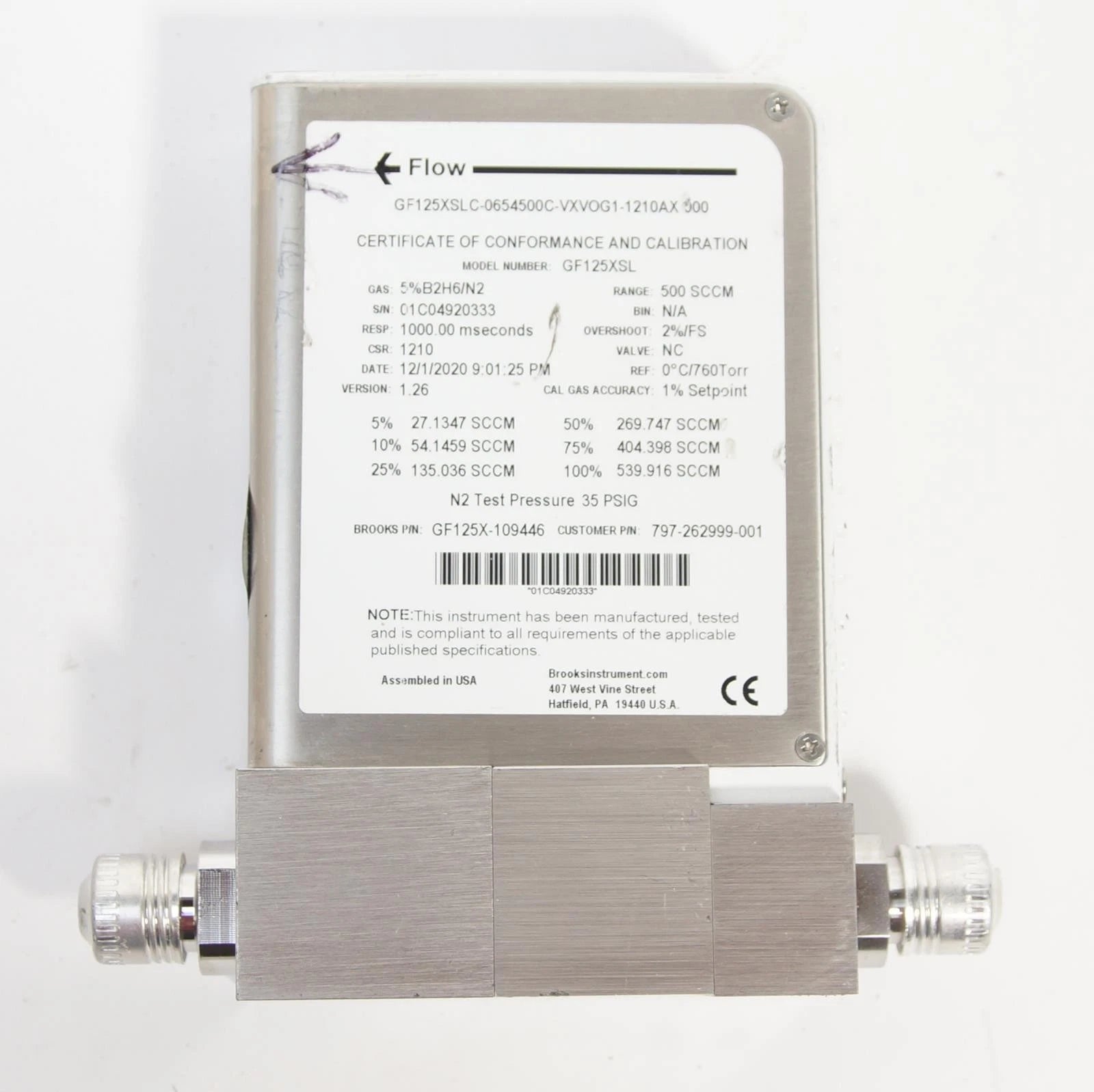 Brooks Instrument GF125XSLC N2 Gas GF Series Thermal Mass Flow Controller