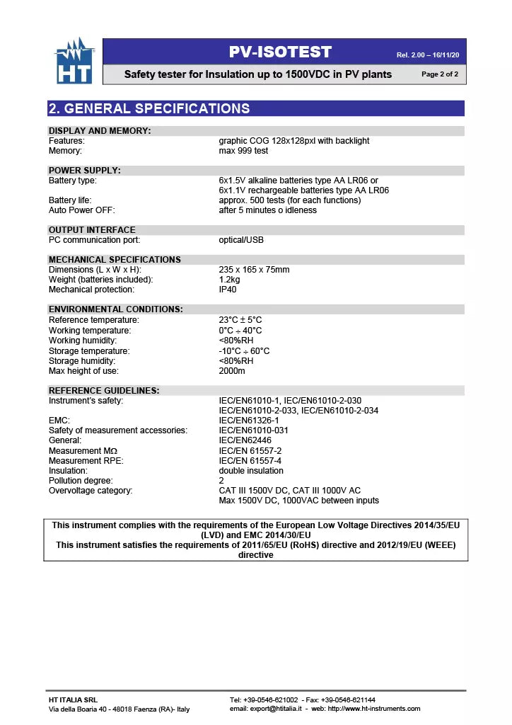 HT PV-ISOTEST 1500V PV Insulation & Continuity Tester GFL Function Photovoltaic