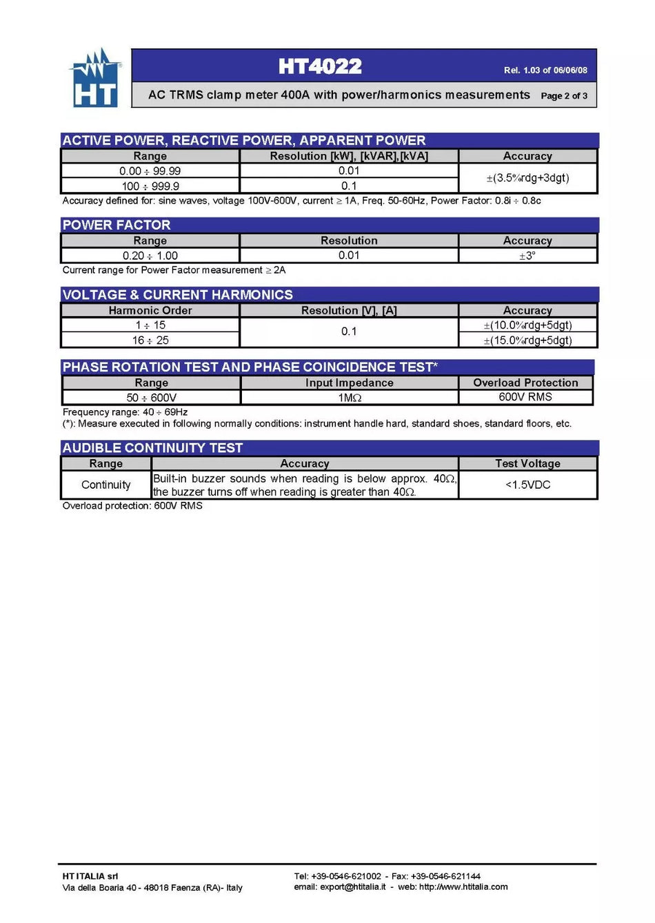 HT Instruments HT4022 Pro Clamp Meter AC TRMS 400A with Power/Harmonics Measure
