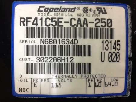 Copeland RF41C5E-CAV-250 1PH 60Hz 115V Hermetic Compressor