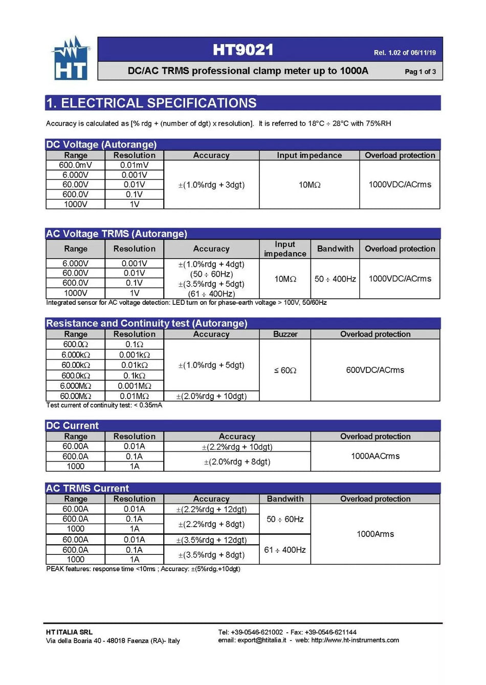 HT Instruments HT9021 AC/DC TRMS CAT IV Clamp Meter with Temperature Measurement