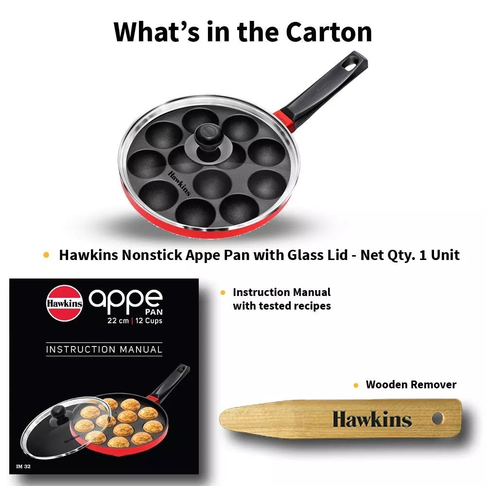 Hawkins Nonstick Appe Pan 12-Cup Cast Aluminium 22cm with Glass Lid Black & Red
