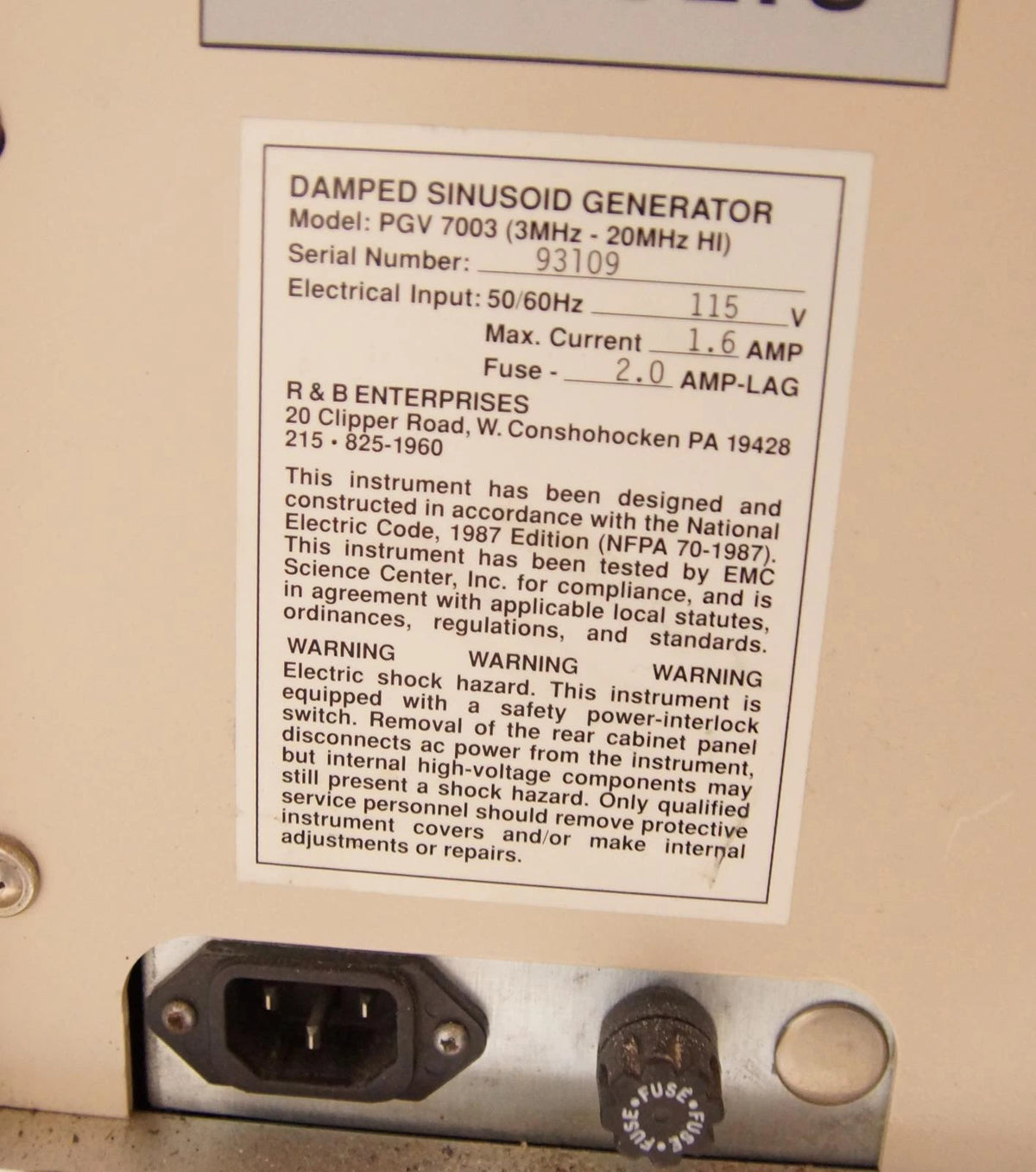 R & B Enterprises PGV-7003 3MHz - 20MHz Damped Sinusoid Generator