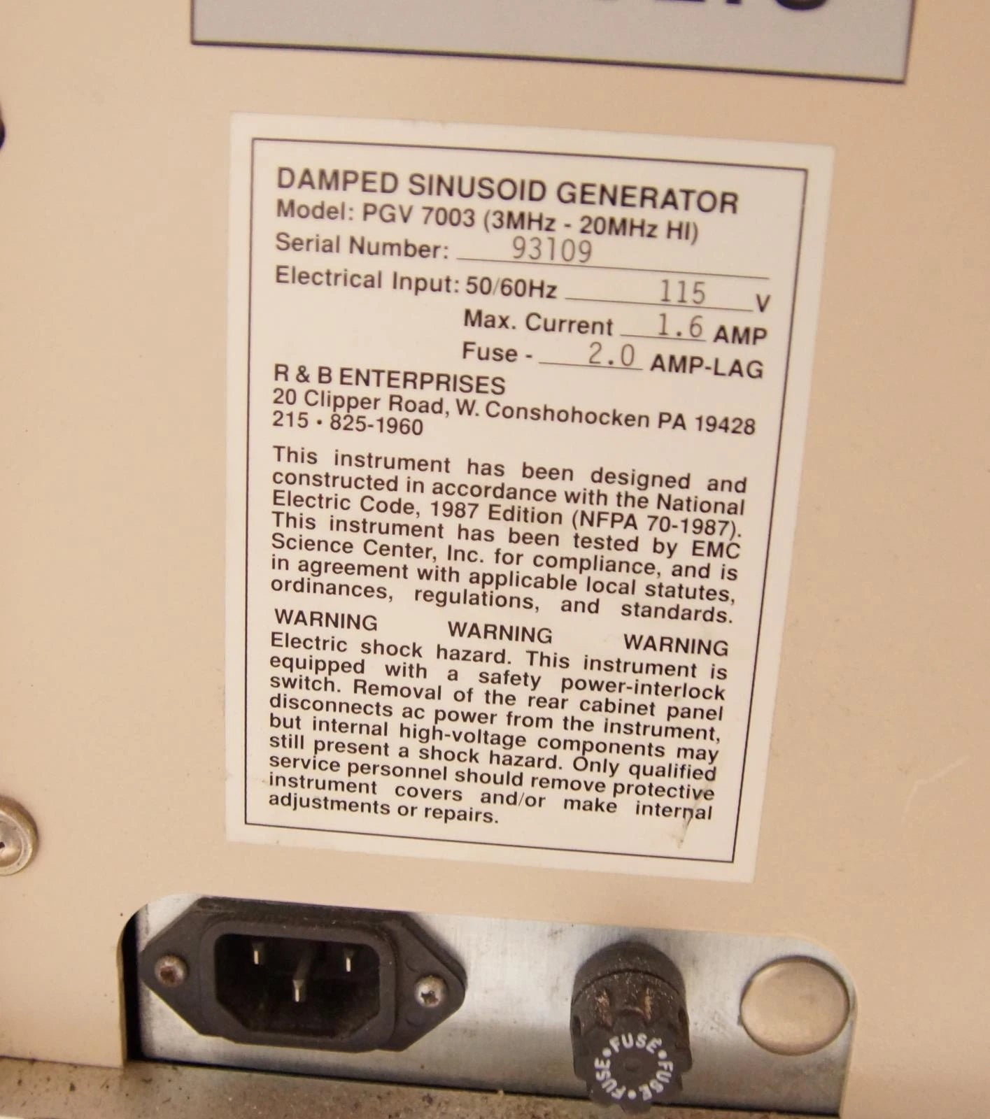 R & B Enterprises PGV-7003 3MHz - 20MHz Damped Sinusoid Generator