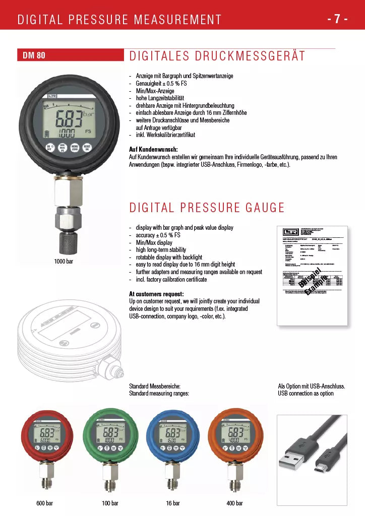 LR-Smart Tech DM 80 Digital Pressure Gauge 0.5% Accuracy 0 - 8700 PSI ...