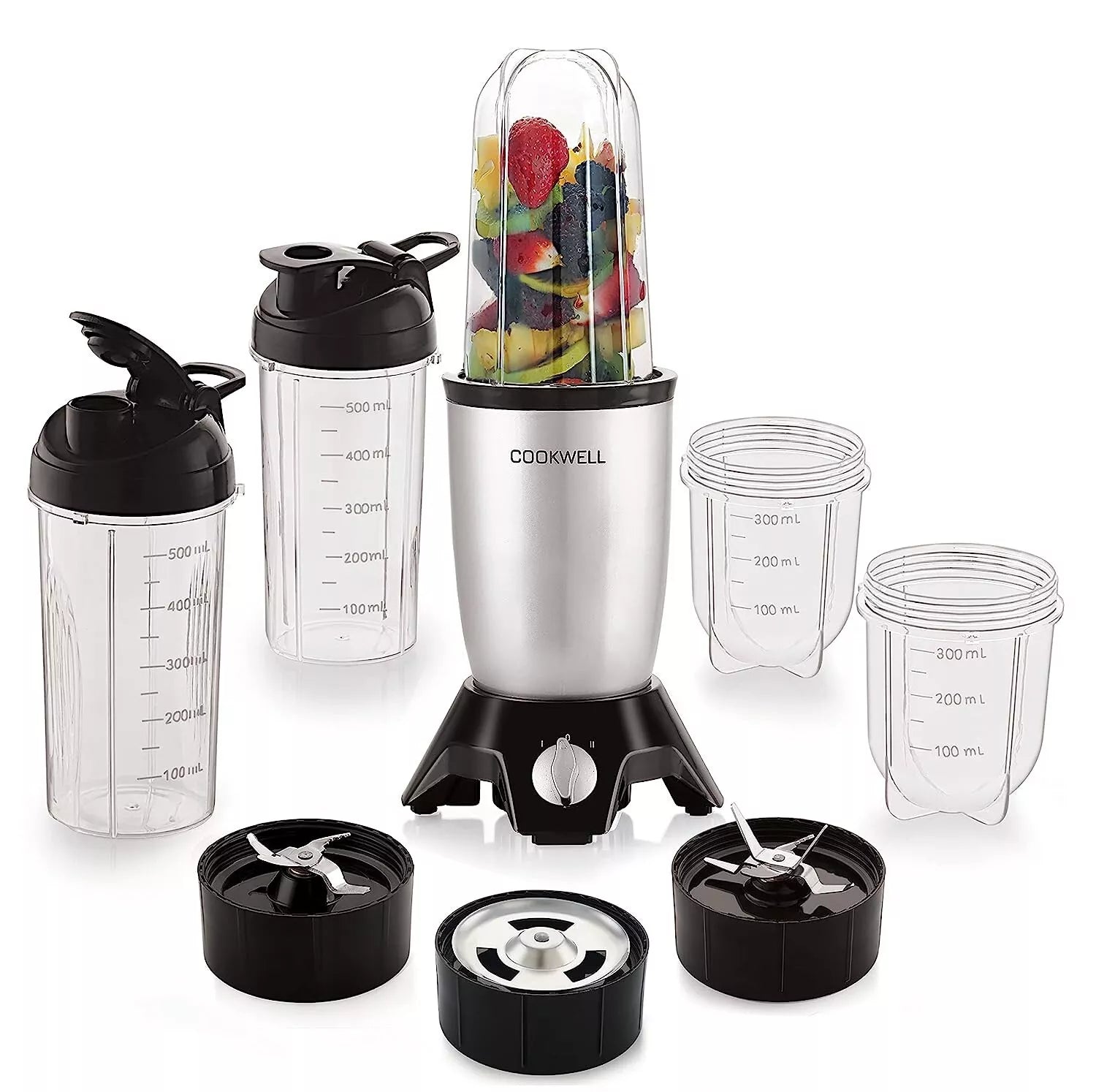Cookwell Bullet Mixer Grinder with 5 Jars & 3 Blades, Silver - Copper, 600 Watts