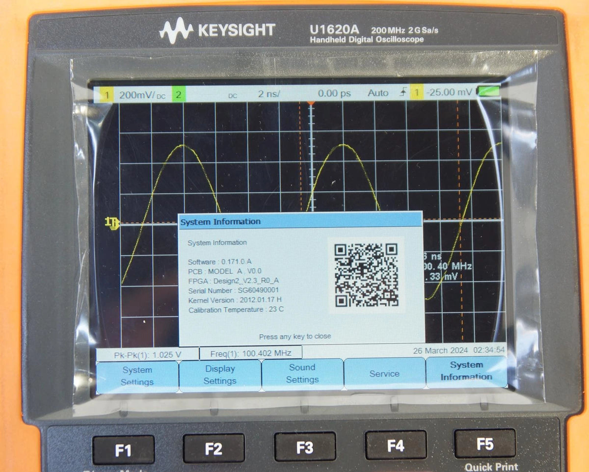 Agilent / Keysight U1620A Handheld Oscilloscope 200MHz 2 Ch 2 GSa/s