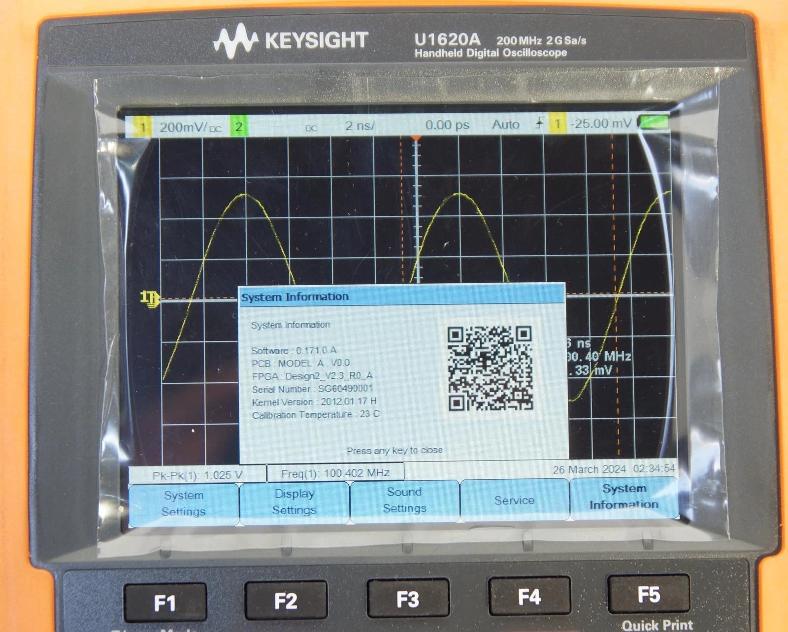 Agilent / Keysight U1620A Handheld Oscilloscope 200MHz 2 Ch 2 GSa/s