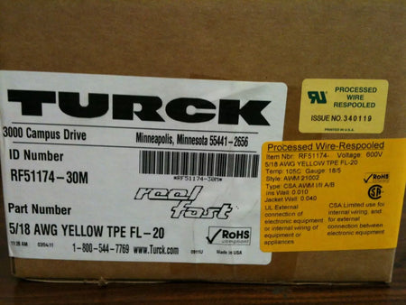 Turck RF51174-30M 5/18 AWG Yellow TPE FL-20 High Flex Cable 30-Meter