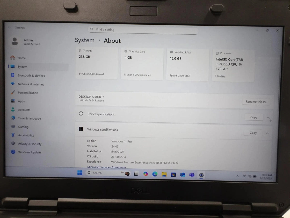 Dell Latitude 5424 Rugged 14" Core i5-8350U 1.7GHz 16GB 256GB SSD Win 11 Pro