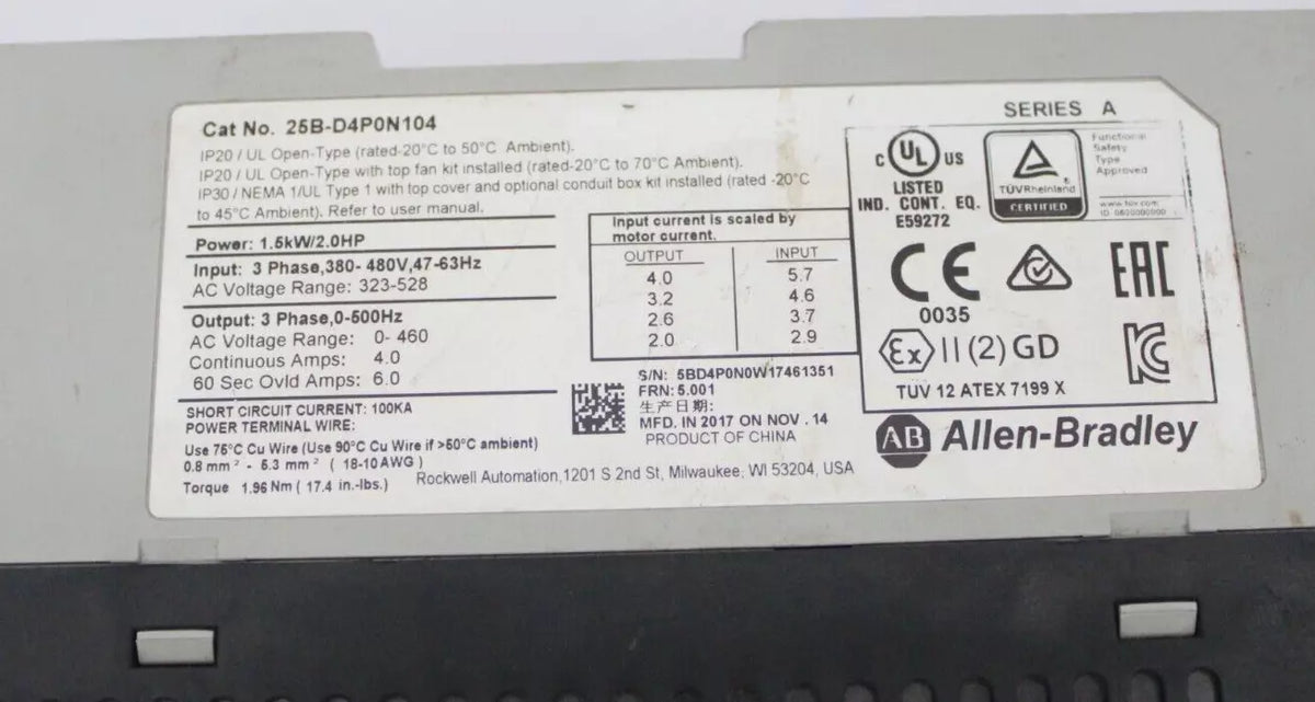 Allen-Bradley 25B-D4P0N104 PowerFlex 525 AC Drive 1.5kW 2HP 480V VFD Compact