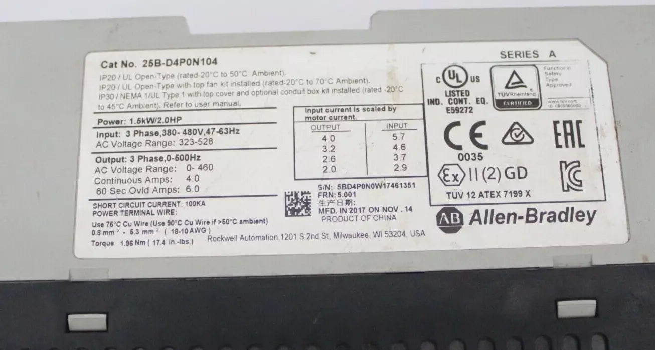 Allen-Bradley 25B-D4P0N104 PowerFlex 525 AC Drive 1.5kW 2HP 480V VFD Compact