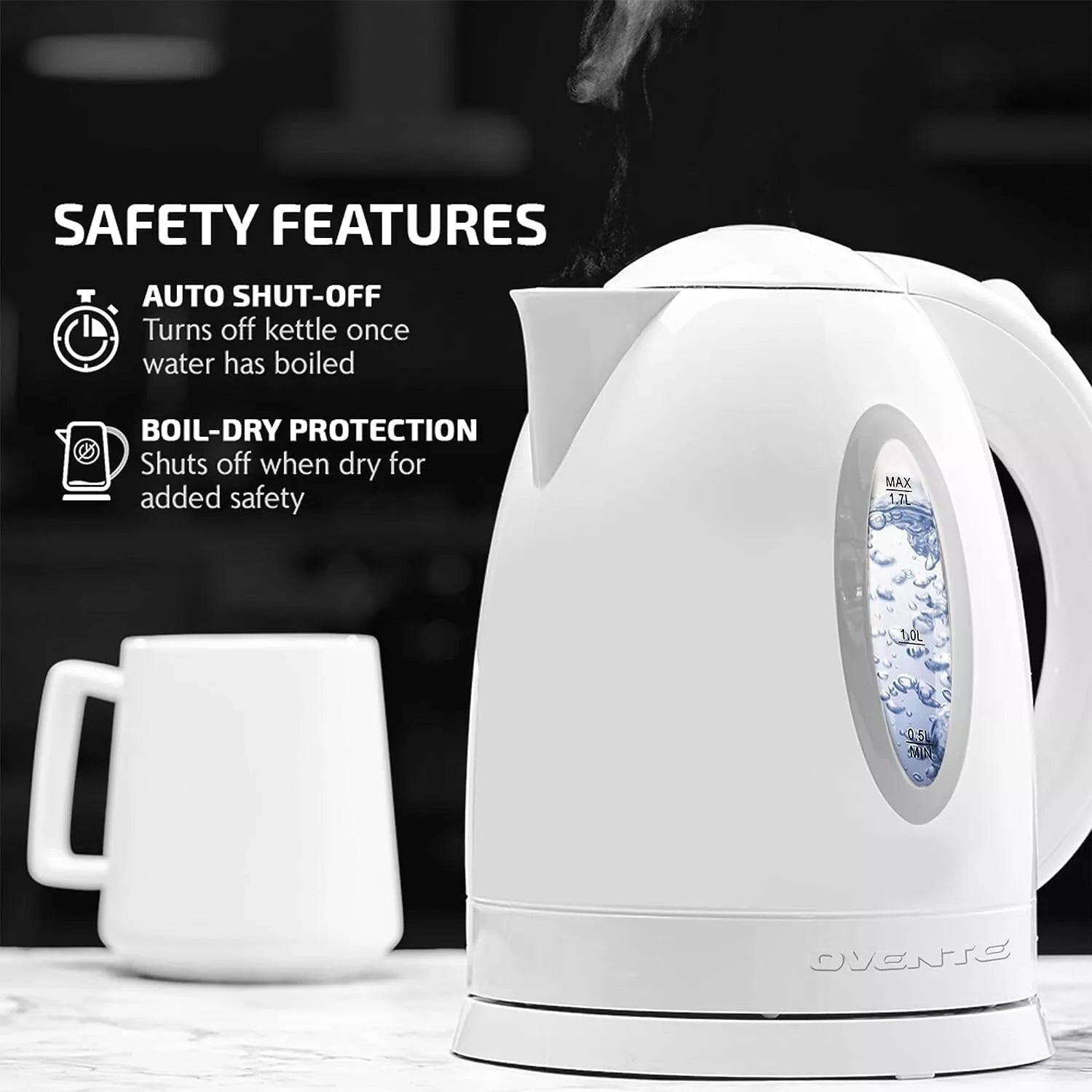 Ovente 1.7L BPA-Free Cordless Electric Kettle, Fast Boil, Auto Shut-Off, White