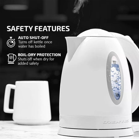 Ovente 1.7L BPA-Free Cordless Electric Kettle, Fast Boil, Auto Shut-Off, White
