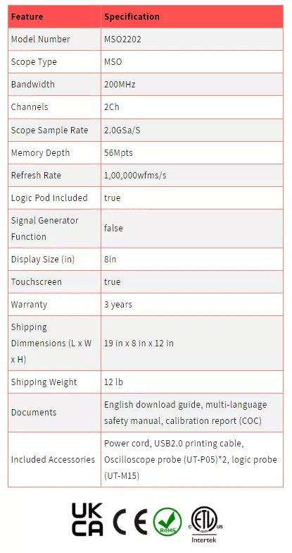 UNI-T MSO2202 200MHz 2+16Ch Mixed Signal Oscilloscope MSO