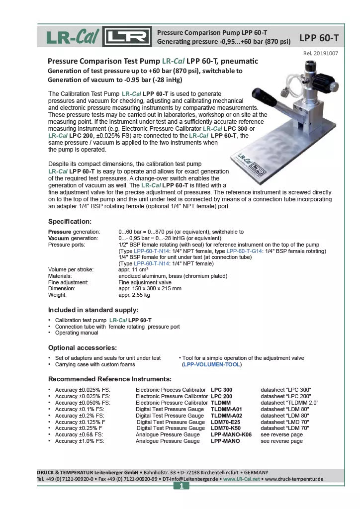 LR-Cal LPP 60-T Pressure Comparison Test Pump Pneumatic - Generates to 870 PSI