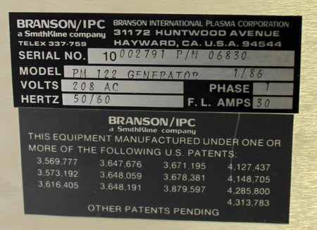 Branson / IPC PM 122 RF Generator 208 AC 50/60 Hertz