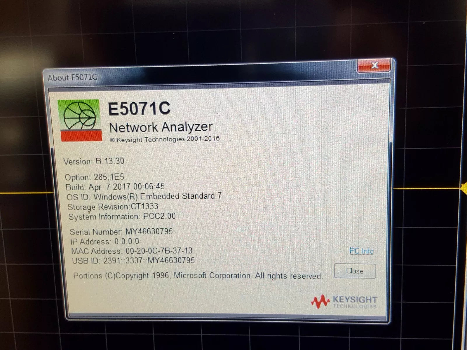 Keysight E5071C Network Analyzer 100kHz-8.5GHz Opt. Win7 285 1E5 (0795)