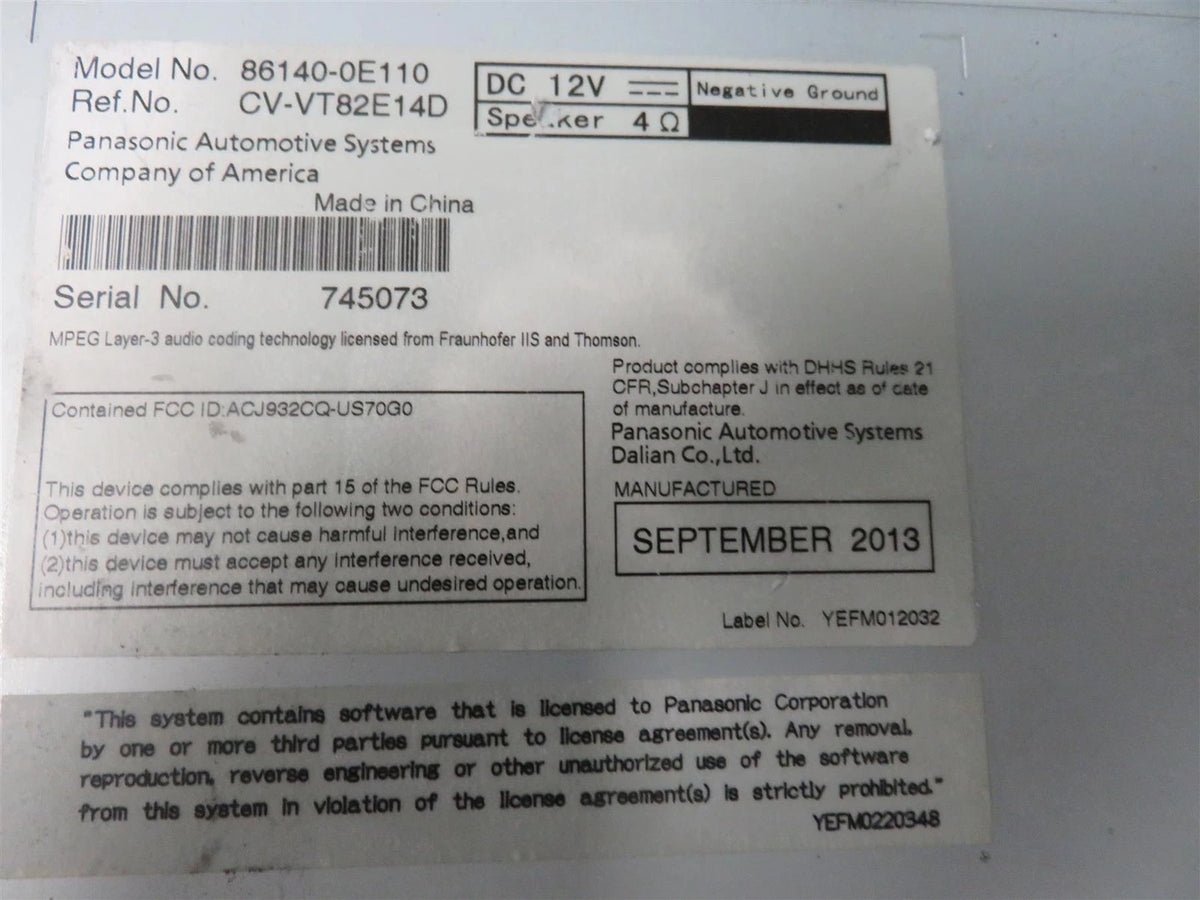 12 -13 Toyota Highlander 57055 Radio Receiver Display  86140-0E110