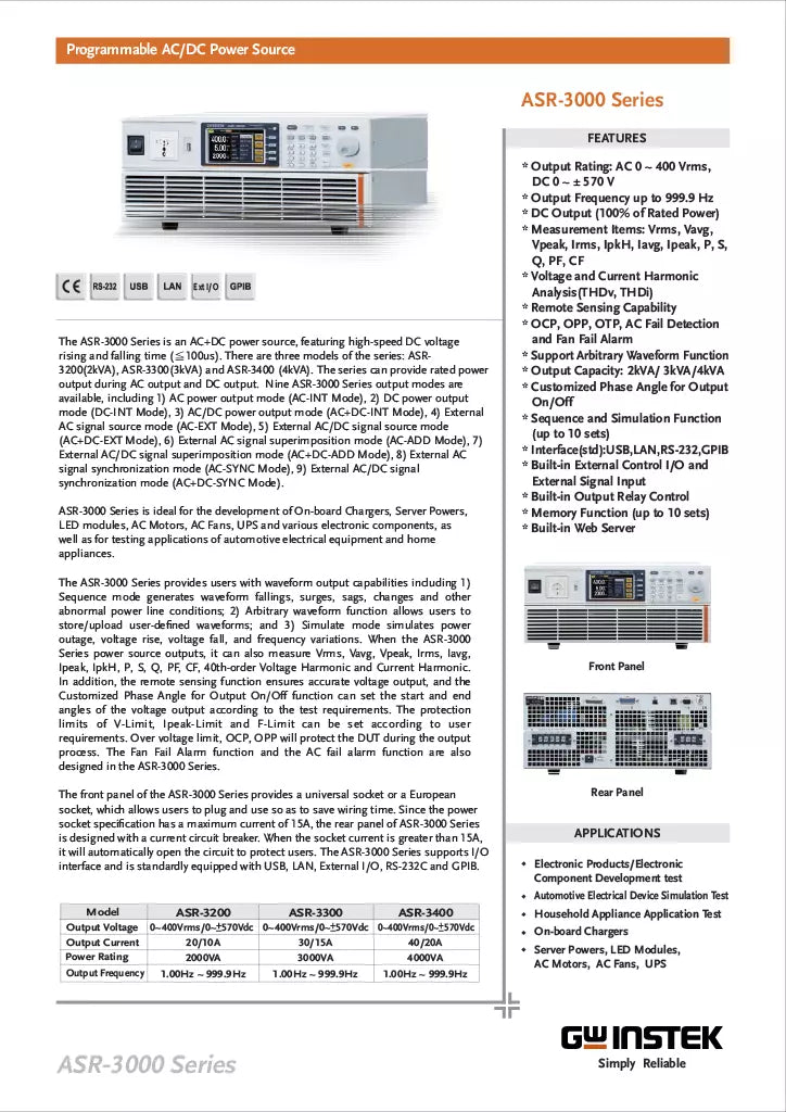 GW Instek ASR-3400 4kVA Programmable AC/DC Power Source 400Vrms 5kHz