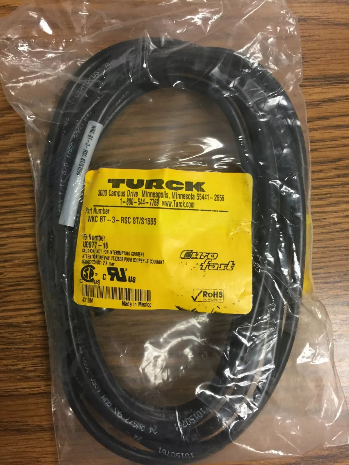Turck WKC 8T-3-RSC 8T/S1555, U0977-16 M12 Female R/A to M12 Male Straight Cable; 8 Wi