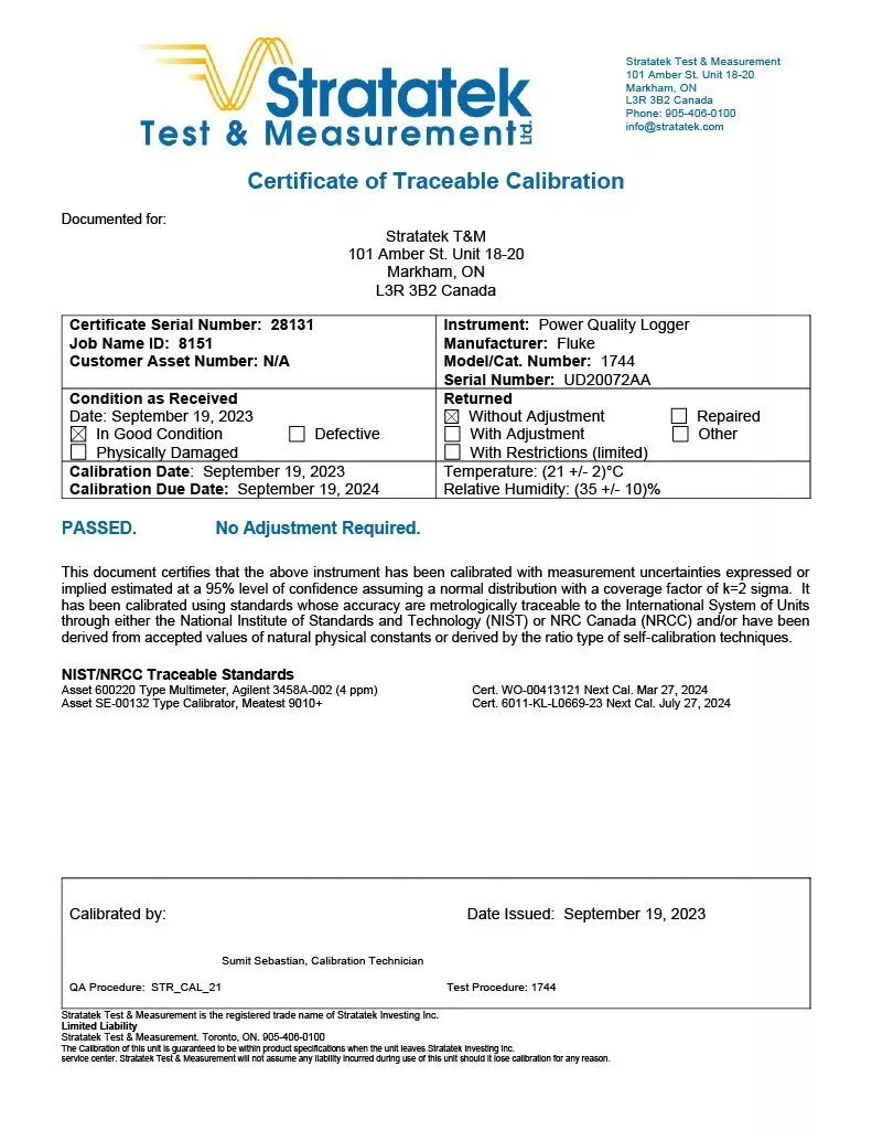 Fluke 1744 Power Quality Logger 3 Phase PQA MemoBox - NIST Calibrated