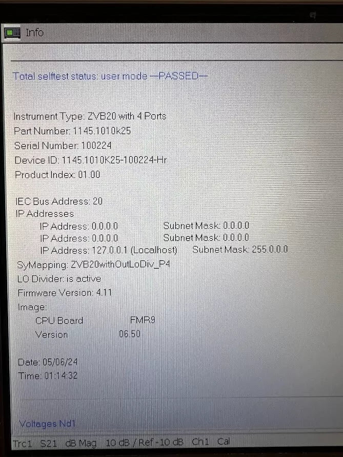 Rohde Schwarz ZVB20 4 Port 20 GHz Vector Network Analyzer 100224