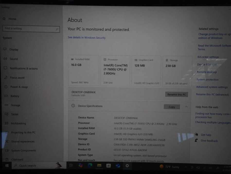 Dell Latitude 5285 Core i7-7600U 2.80GHz 16GB 256GB Touch Screen Win 10 Pro