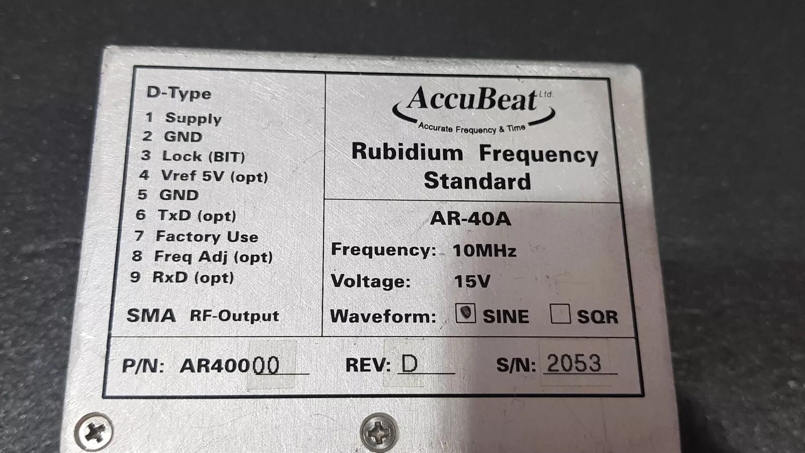 Accubeat AR-40A Rubidium Frequency Standard 10MHz 15V Untested (2053)