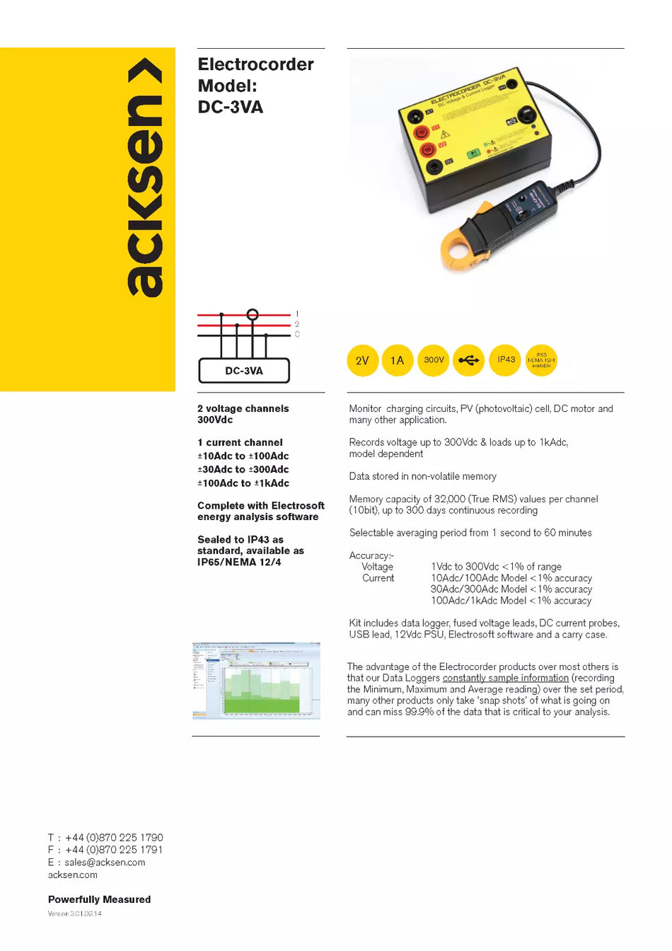 Acksen Electrocorder DC-3VA DC Energy Data Logger 10A, 100A IP65