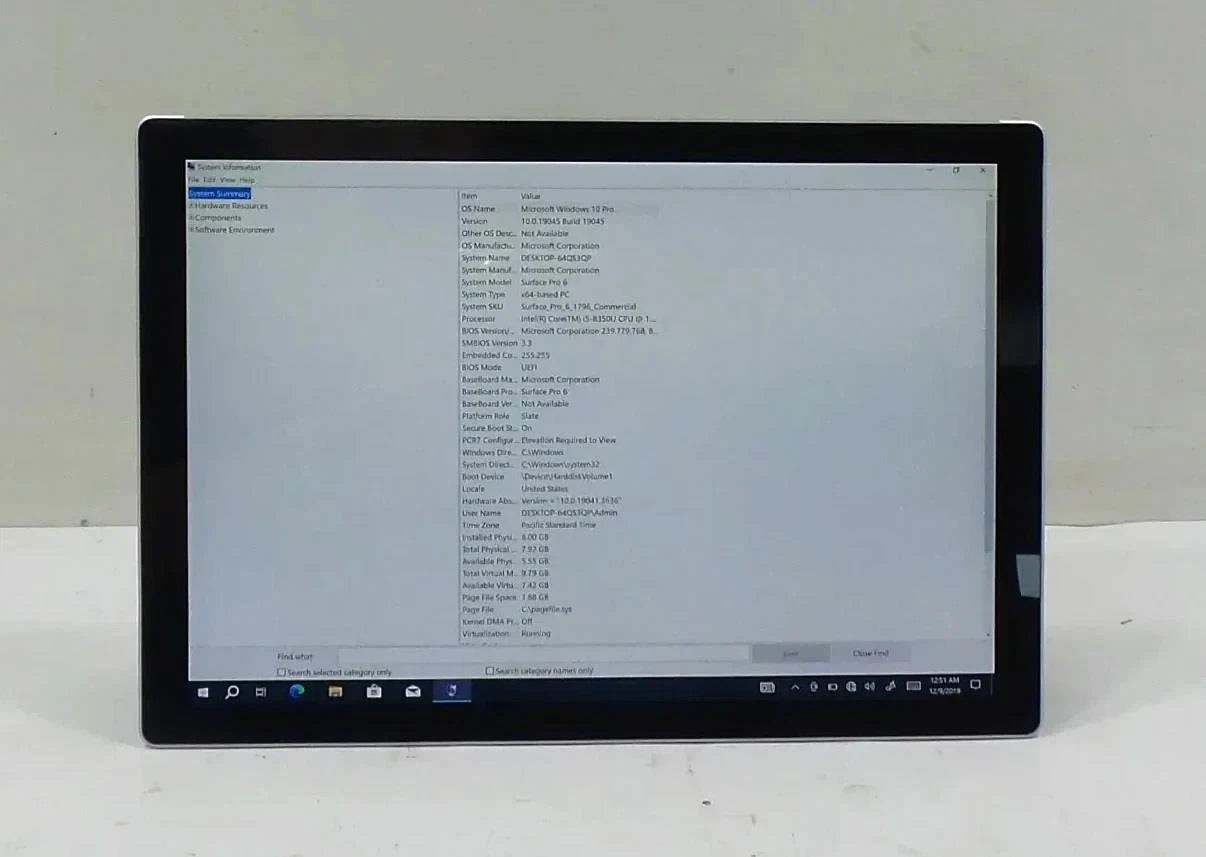 Microsoft Surface Pro 6 1796 Core i5-8350U 1.70GHz 8GB 256GB Win - Bios locked