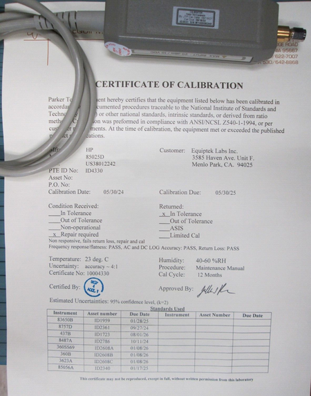 85025D RF Detector for Agilent 8757 Series