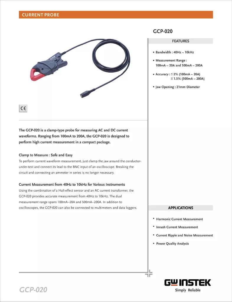 GW Instek GCP-020 AC/DC Current Probe 40Hz - 1kHz 20A 200A