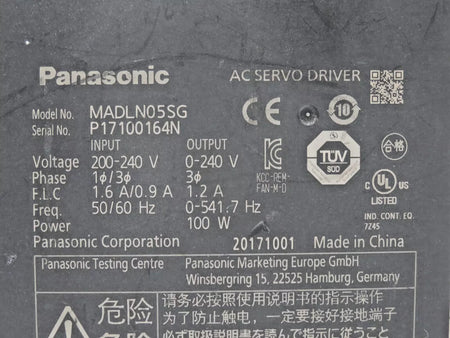 Panasonic MADLN05SG 100W 0-240V 1.2A MINAS A6S Series AC Servo Drive