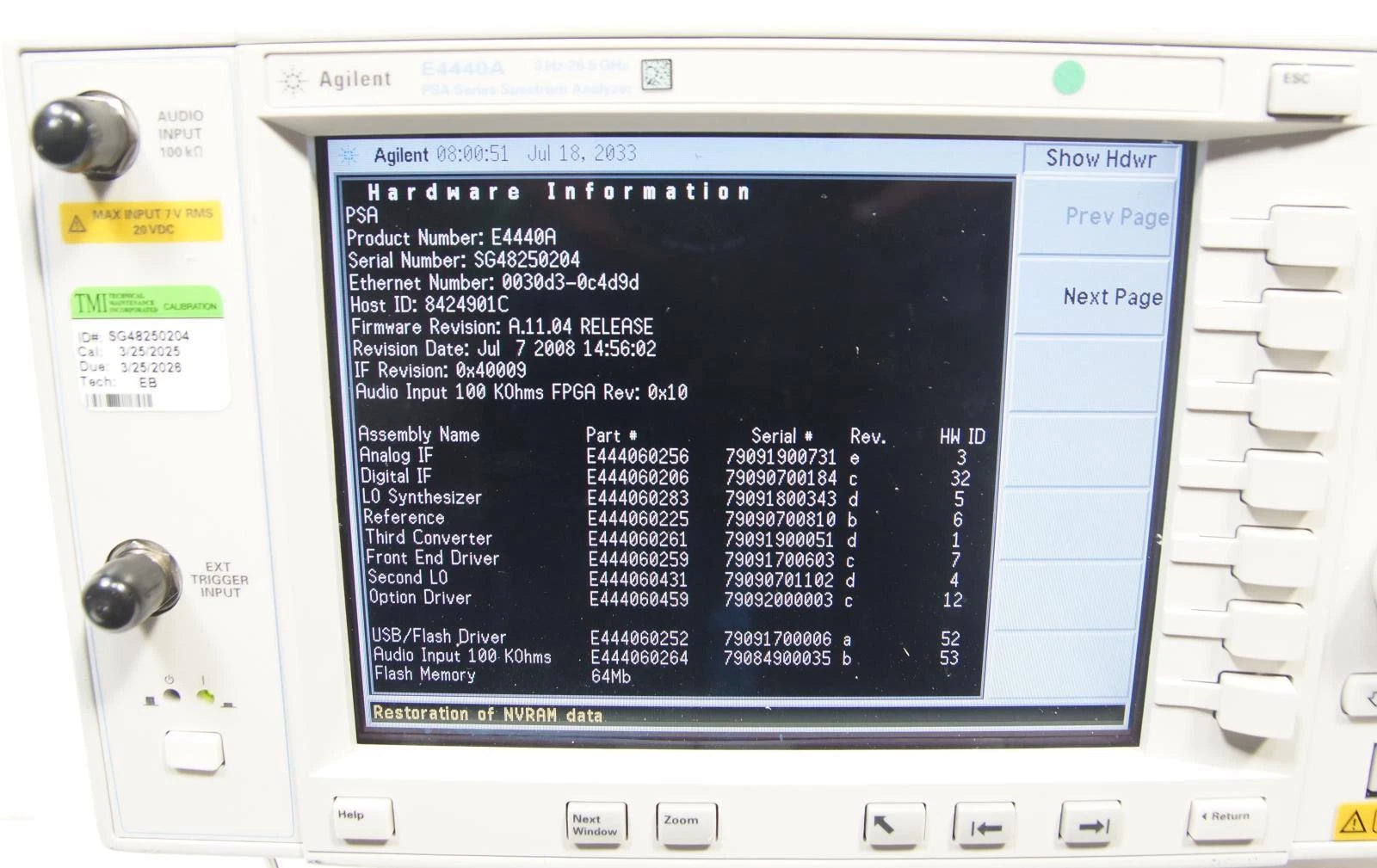 AGILENT E4440A PSA 26.5GHz Spectrum Analyzer CALIBRATED OPT 123 110 115 233 215