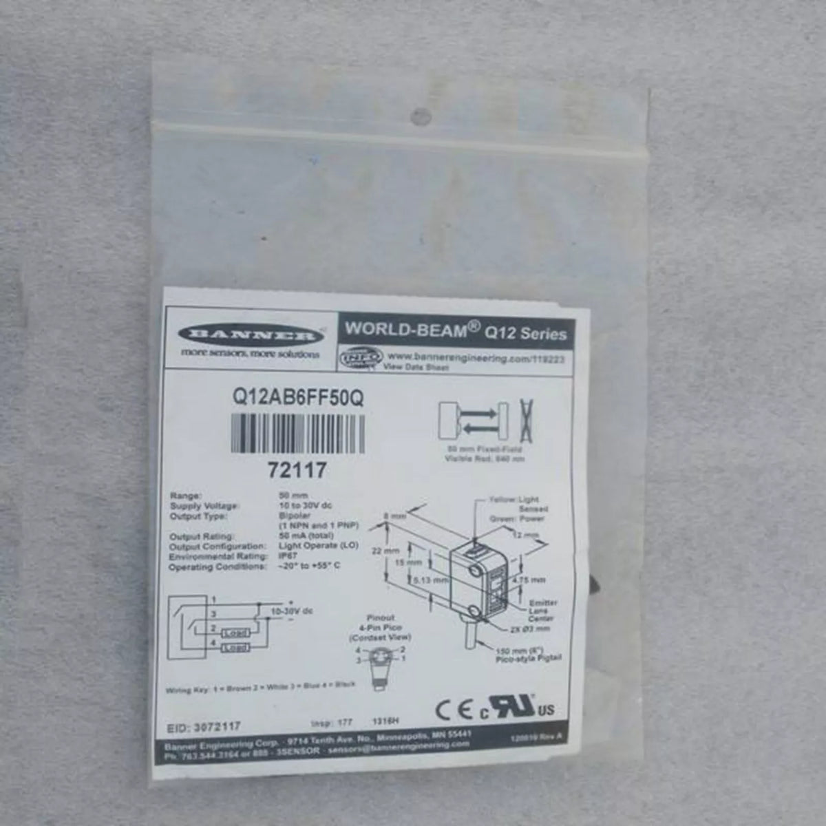 One Banner Q12AB6FF50 Proximity Sensor with Expedited Shipping