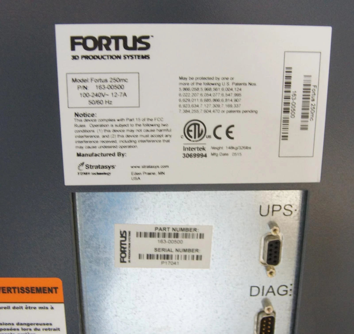 Stratasys Fortus 250mc 3D Printer Part Number 163-00500