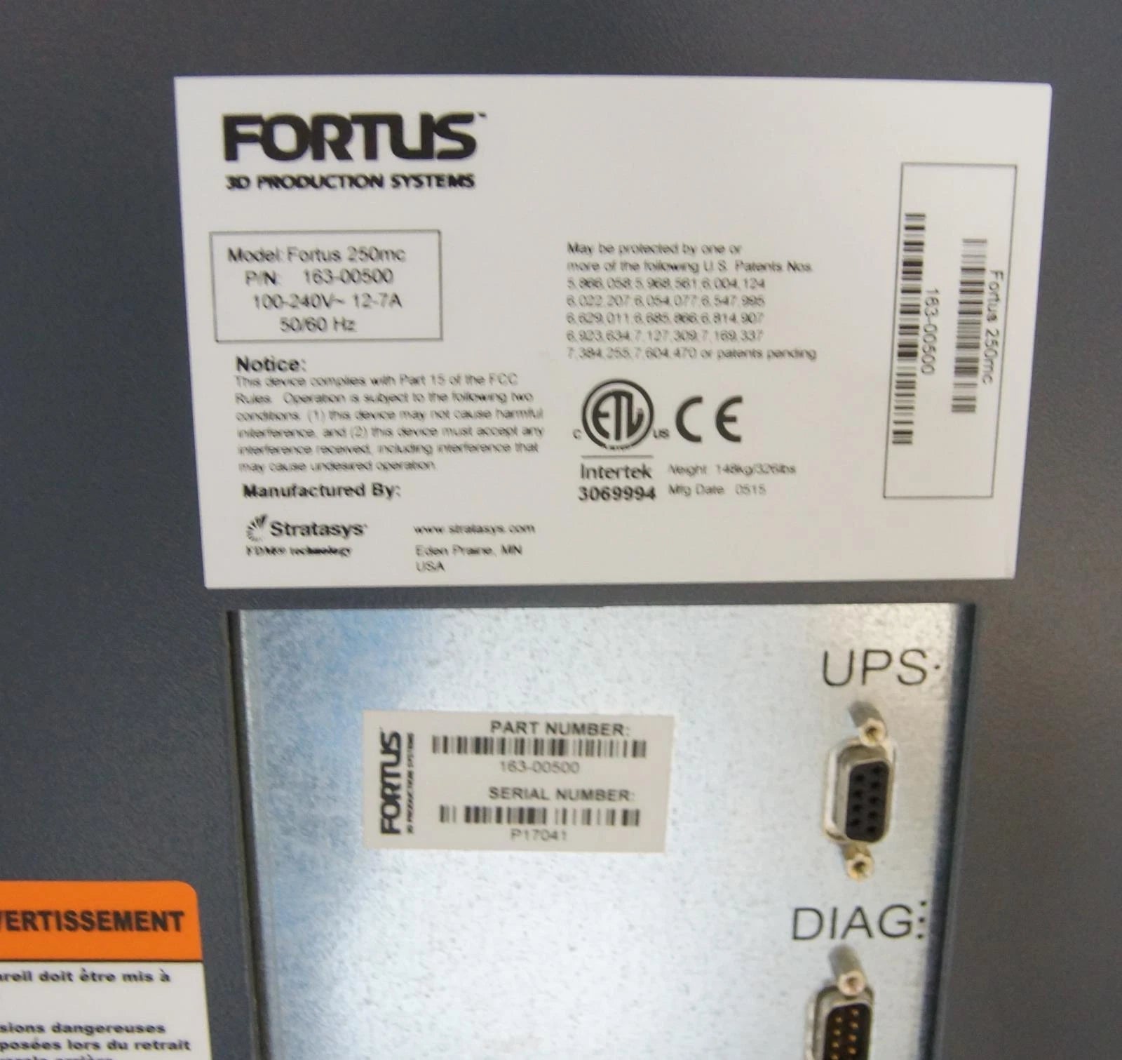 Stratasys Fortus 250mc 3D Printer Part Number 163-00500
