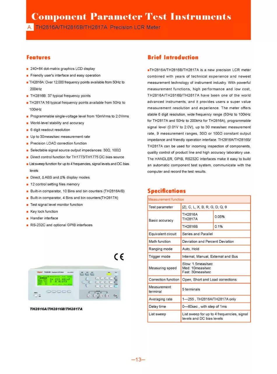 Tonghui TH2816A Precision LCR Meter 50Hz to 200kHz 100Ω