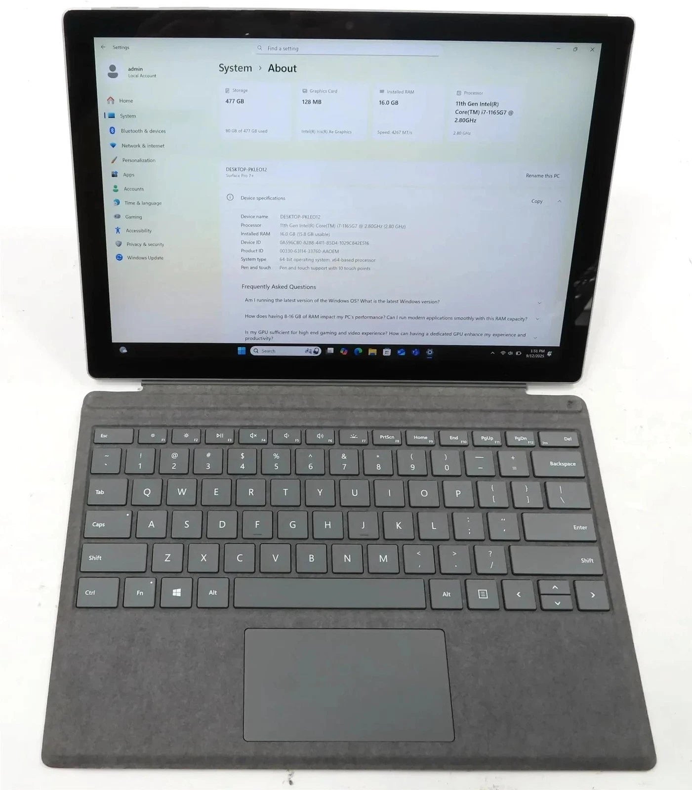 Microsoft Surface Pro 7 plus 1960 Core i7-1165G7 2.8GHz 16GB 512GB Win 11 Pro