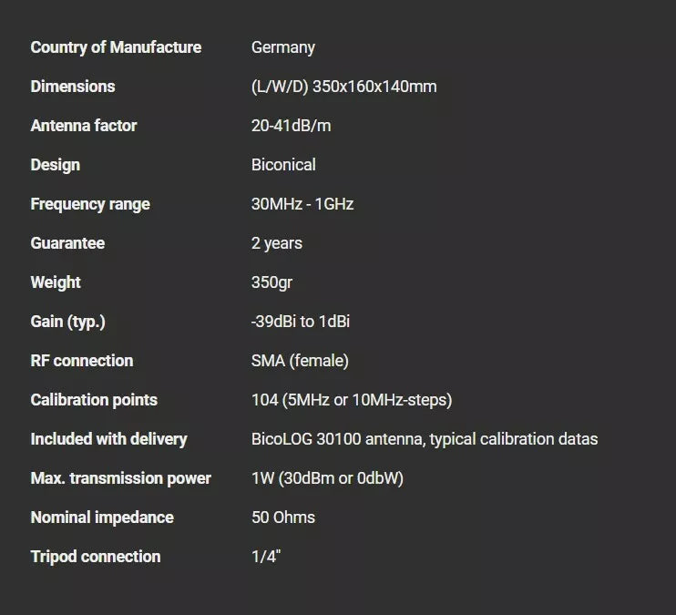 Aaronia BicoLOG 30100 Biconical Antenna 30MHz - 1GHz - XG eqpt