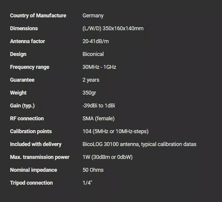 Aaronia BicoLOG 30100 Biconical Antenna 30MHz - 1GHz - XG eqpt