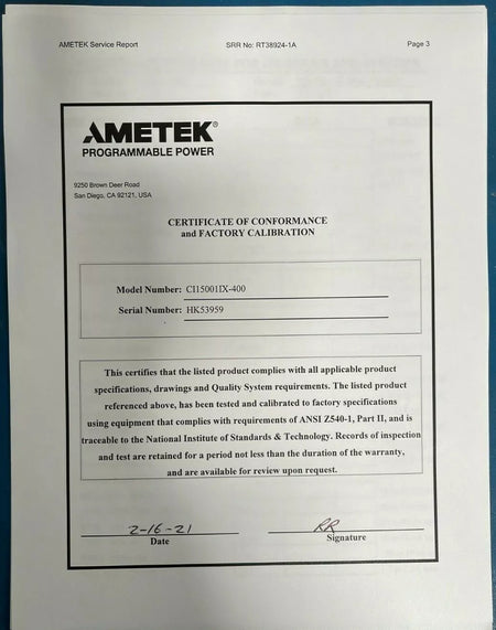 California Instruments/Ametek 15001iX 15 KVA AC Power Source Calibration by OEM