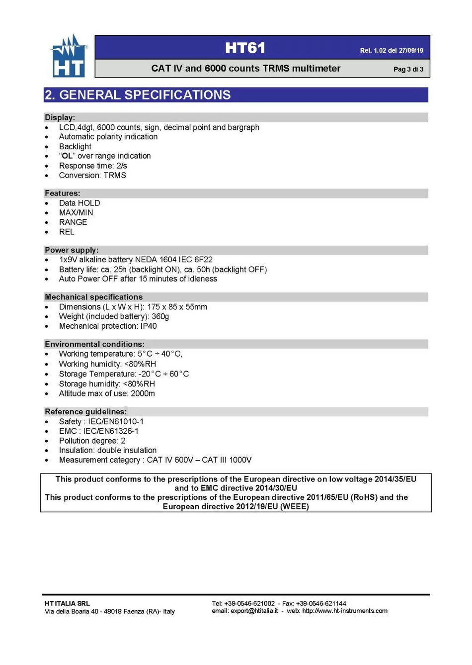 HT Instruments HT62 TRMS Digital Multimeter with Temperature Measurement