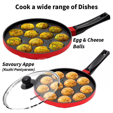 Hawkins Nonstick Appe Pan 12-Cup Cast Aluminium 22cm with Glass Lid Black & Red