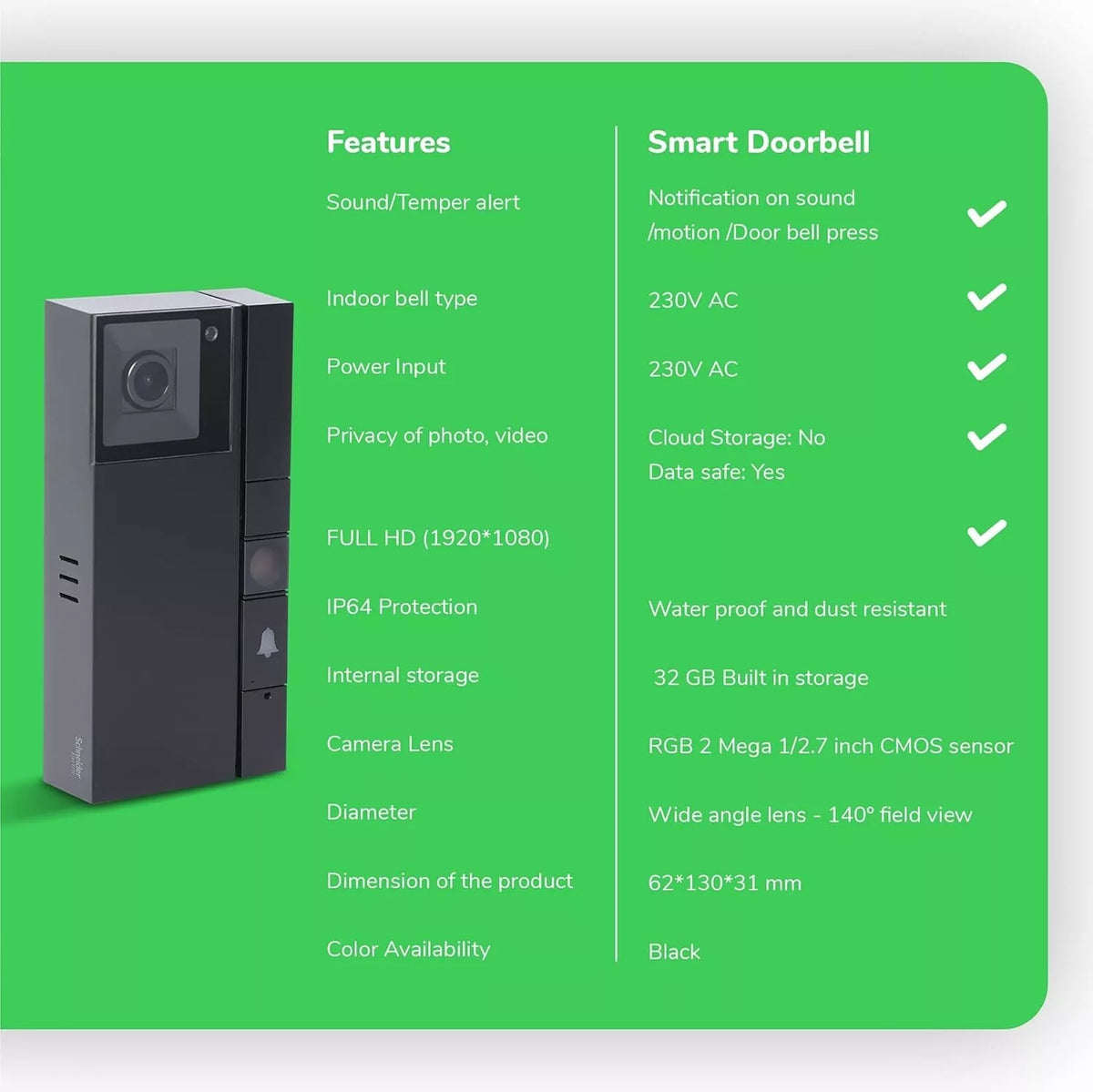 Schneider WiFi Smart Doorbell 1080P HD Camera with Motion Sensors & Night Vision