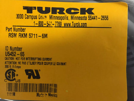 Turck RSM RKM 5711-6M Minifast 5 Pin 6 Meters M/F Cable