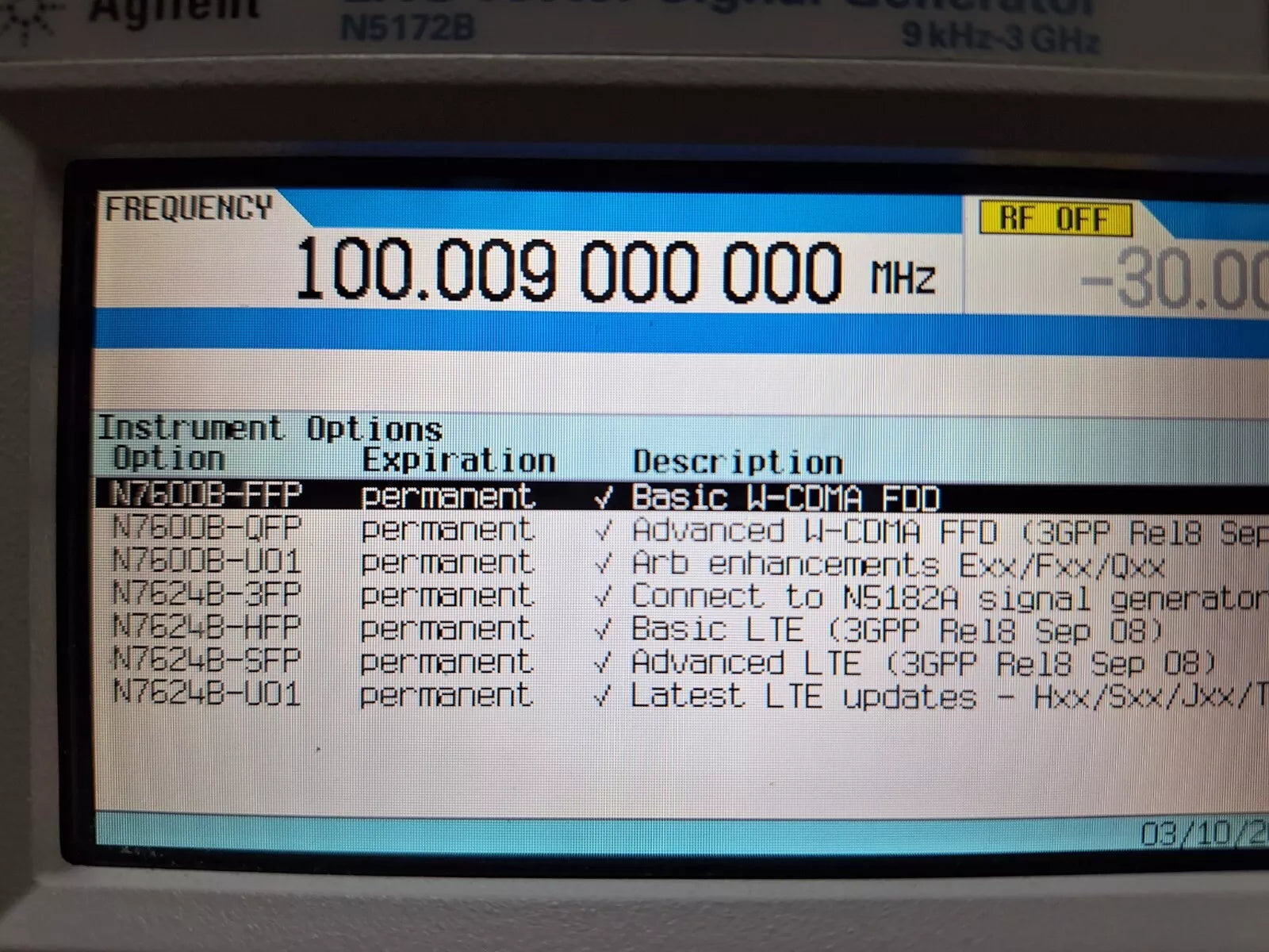 Keysight N5172B 3GHz Signal Generator with Options 1EA, 403, 503, 653, 655, and UNV