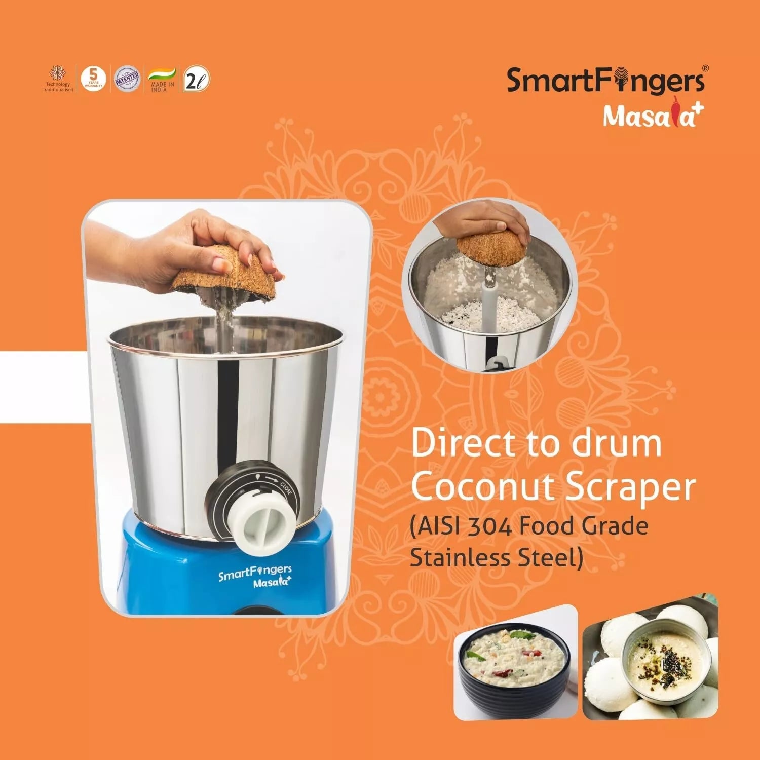 SmartFingers Masala + Table Top Masala Wet Grinder 230V 50Hz, 2 Liter, Blue