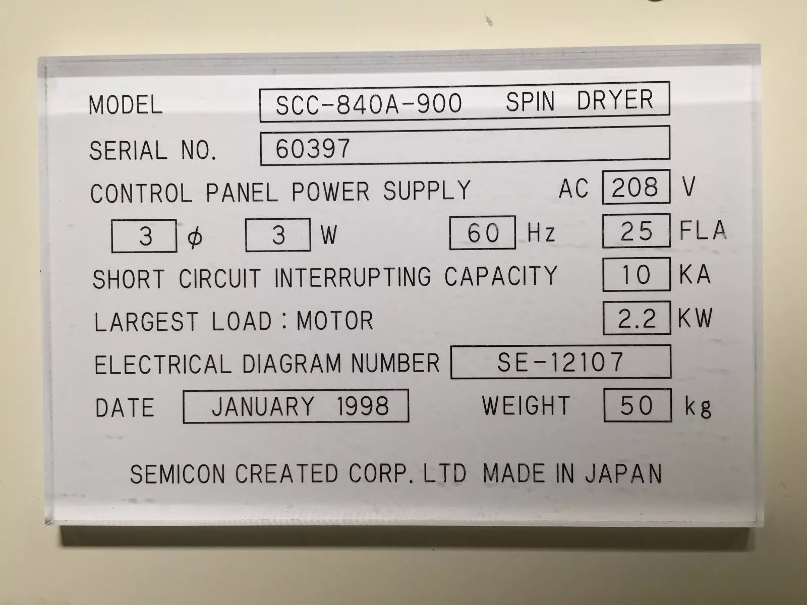 Semicon Created Corp SCC-840A-900 Control Panel Power Supply for Spin Dryer